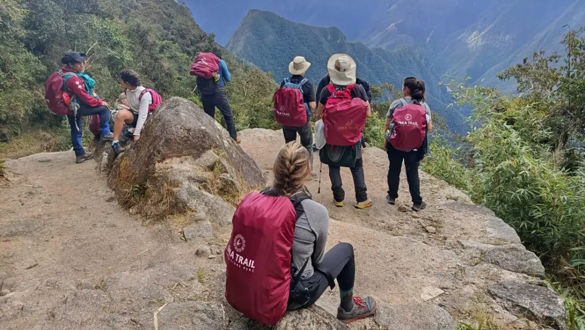 Hikers starting the Inca Trail route to Machu Picchu in the Andes mountains