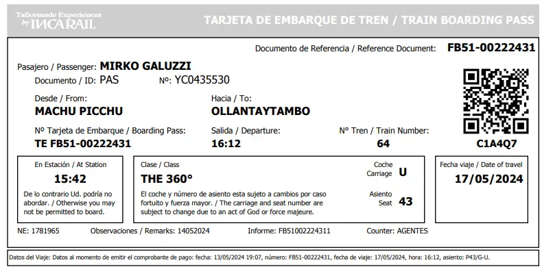 Boleto Inca Rail para el tren a Machu Picchu desde Cusco