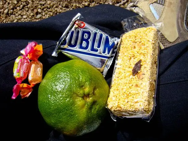 Snack pack provided during the Inca Trail trek to Machu Picchu including fruits, energy bars and local snacks